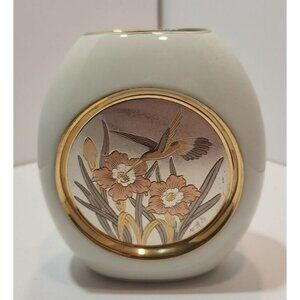 Vtg  Art of Chokin Oval Bud Vase 24k Gold Edged Hummingbird Flowers Japan